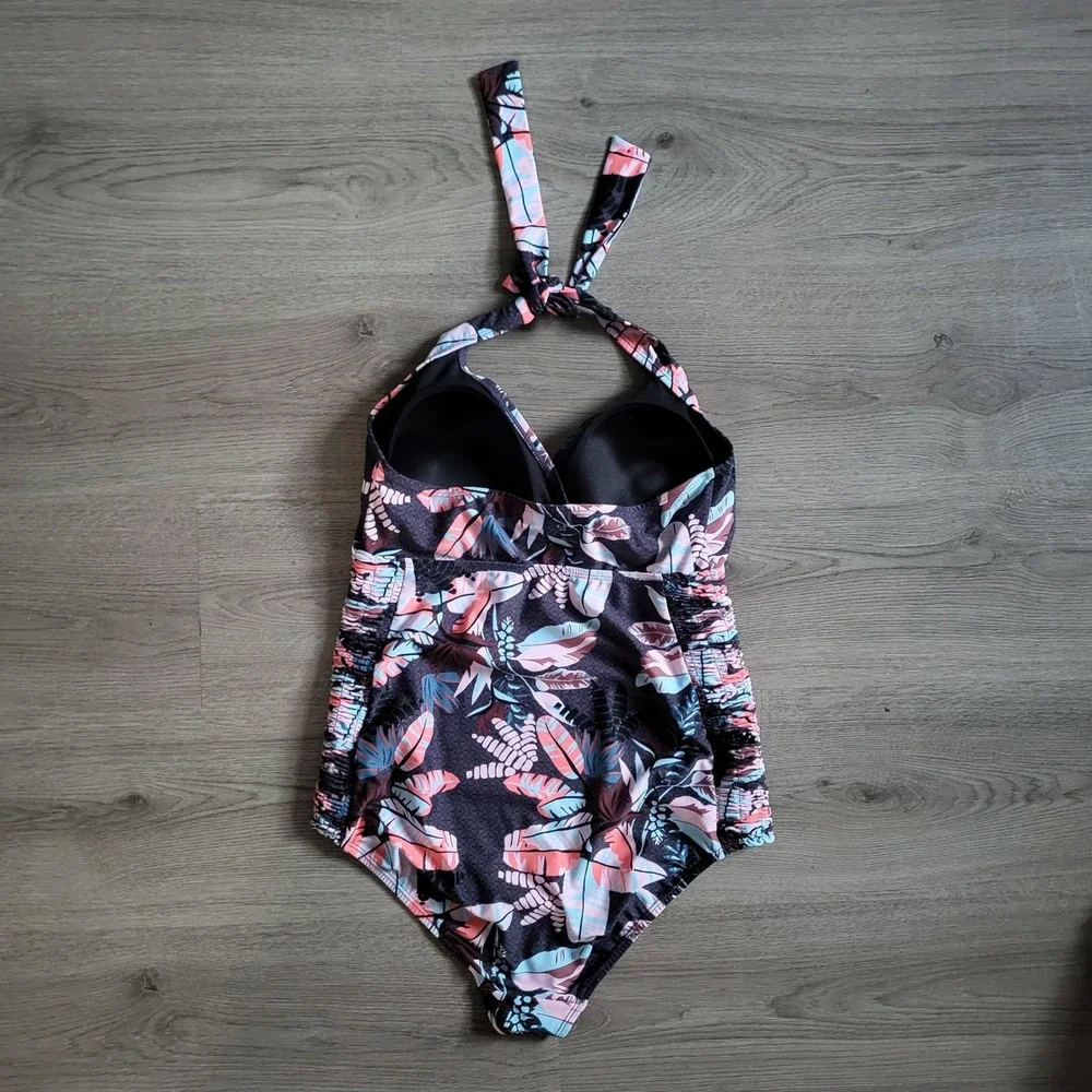 Motherhood Maternity Halter One Piece Swimsuit Tropical Leaf Print Pink Blue M
